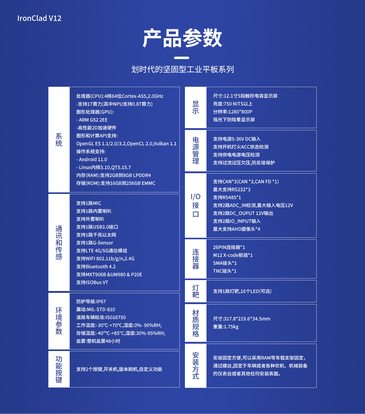 12.1寸 IronClad V12 車(chē)載平板產(chǎn)品參數(shù)